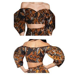 Mara Hoffman Juana Blouse Off Shoulder Puff Sleeve Top Brown Print Size 00 NWT